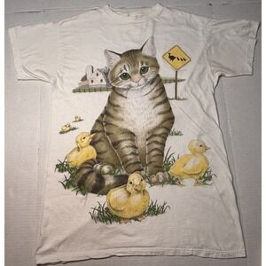 Vintage Cat Duck Graphic T Shirt Farm Cottagecore Animal Tee Large